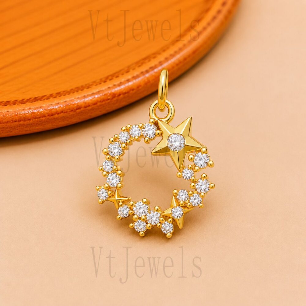 925 Sterling Silver Star Wreath Pendant, Gold Celestial Open Circle Charm