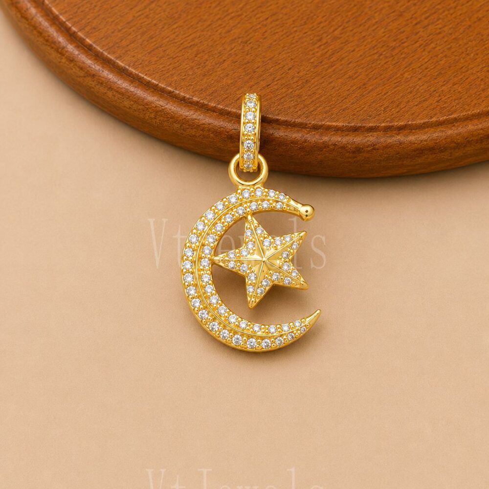 925 Sterling Silver Crescent Moon Star Pendant
