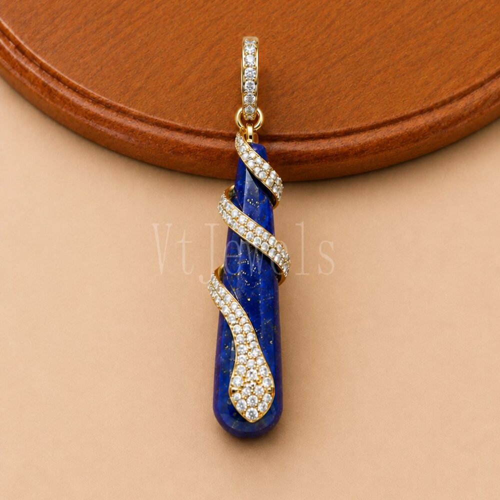 925 Sterling Silver Lapis Lazuli Snake Pendant, Gold Pavé Serpent Bar Charm
