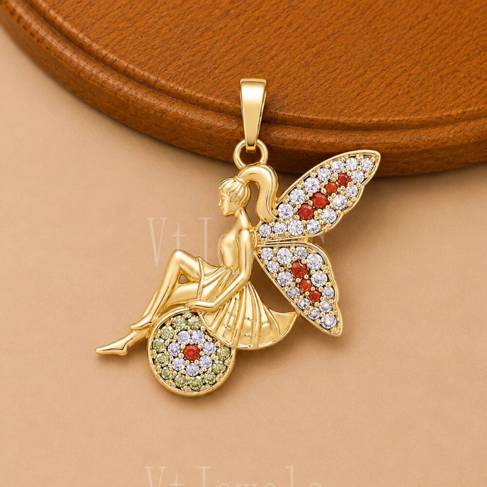 925 Sterling Silver Gold Fairy Pendant, Crystal Pixie Mythical Angel Charm