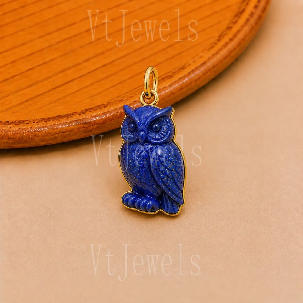 Lapis Lazuli Owl Pendant, Hand Carved Blue Gemstone Owl Charm,
