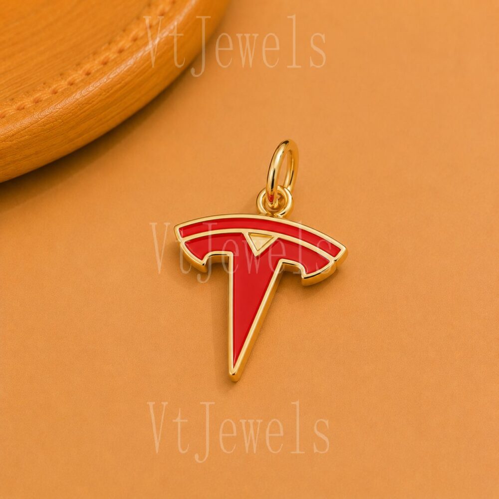Tesla Logo Pendant Necklace, Red Enamel Charm