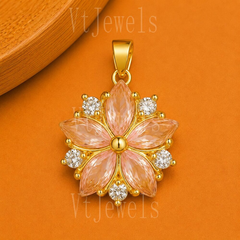 925 Sterling Silver Gold Plated Peach Morganite Flower Pendant
