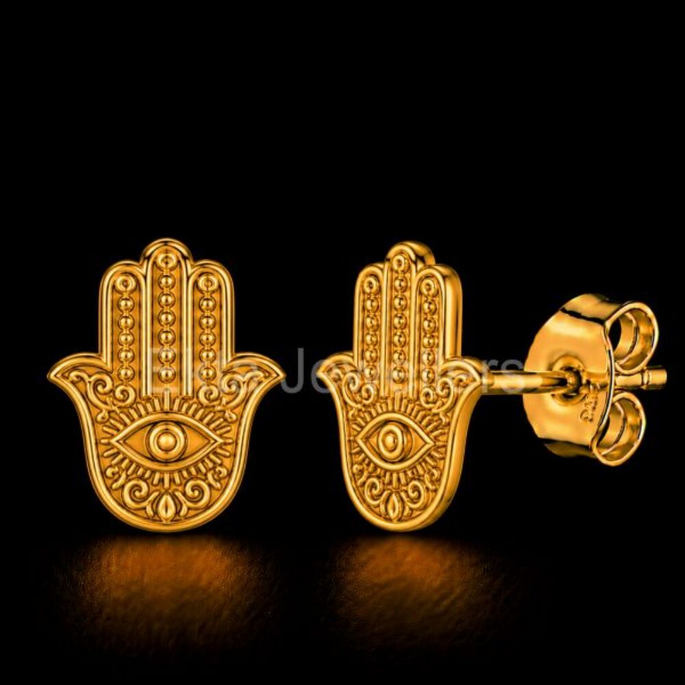 925 Sterling Silver Golden Hamsa Hand Studs