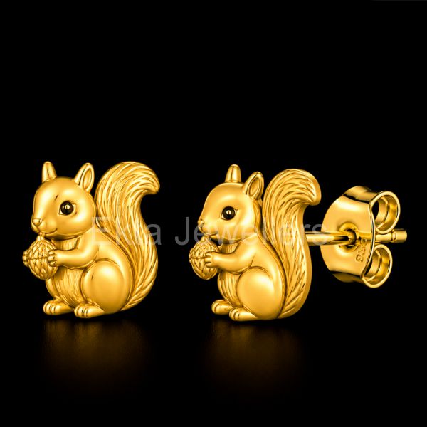 925 Sterling Silver Gold Plated Squirrel Stud Earrings