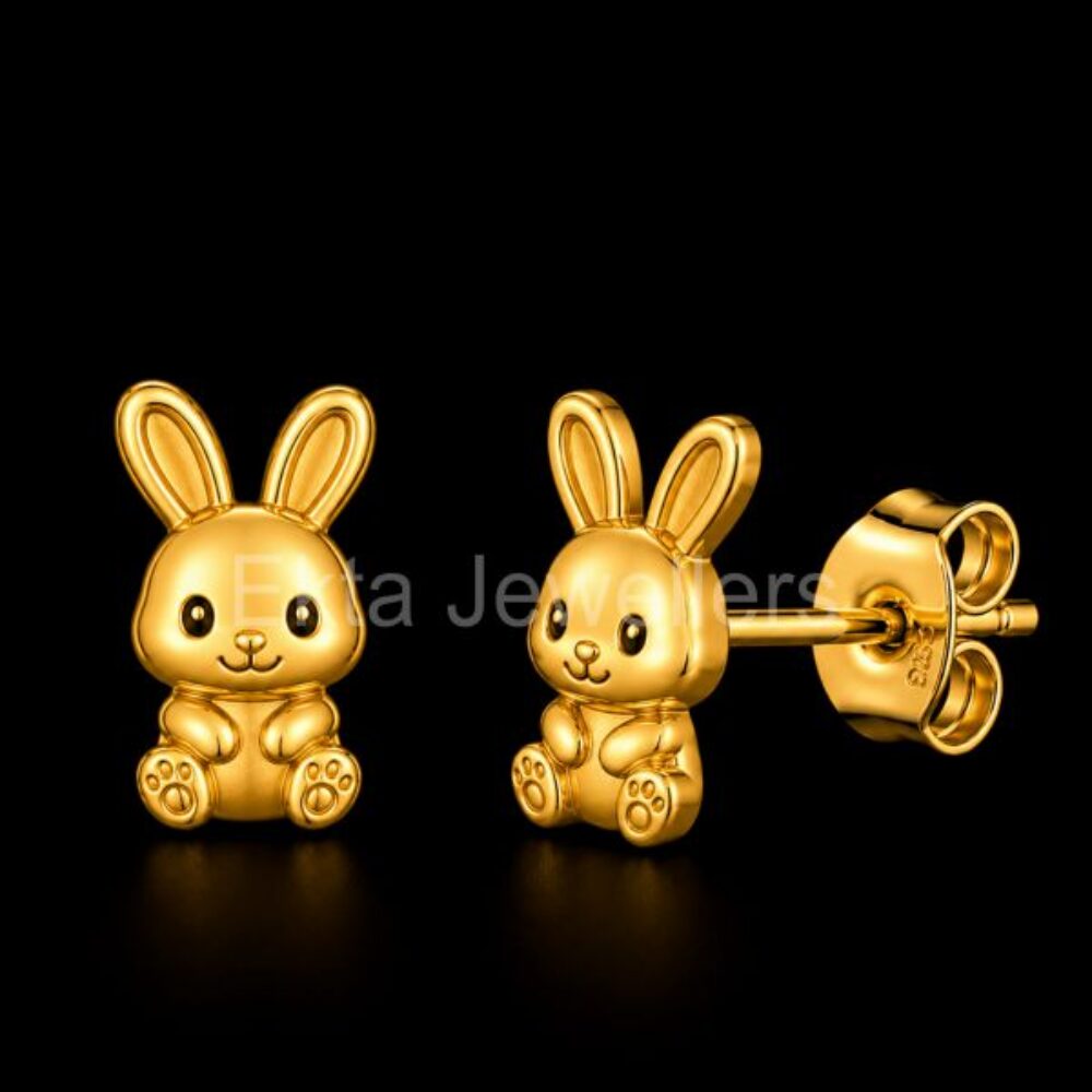 925 Sterling Silver Gold Plated Bunny Rabbit Stud Earrings