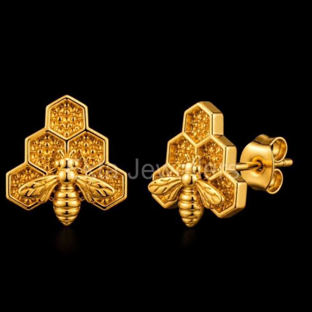 925 Sterling Silver Gold Plated Honeycomb Honeybee Stud Earrings