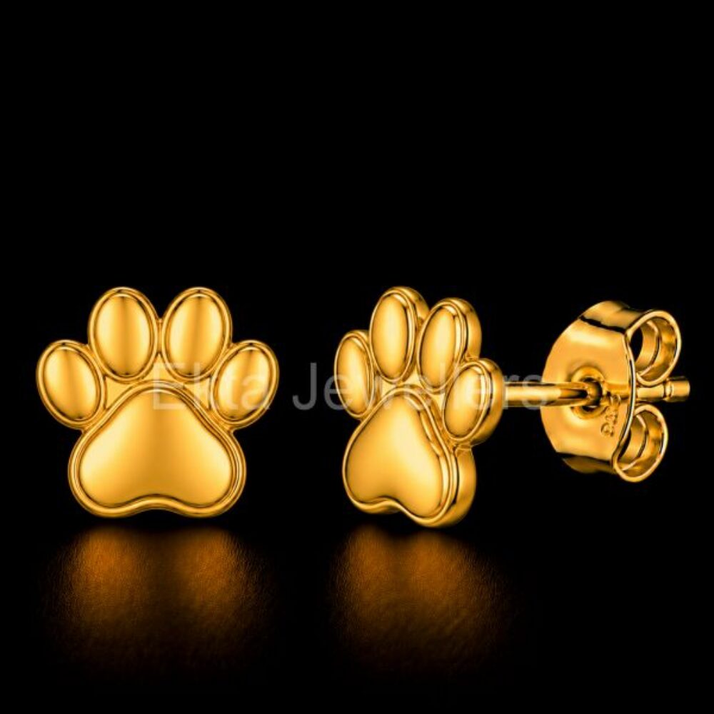 925 Sterling Silver Gold Plated Paw Print Stud Earrings