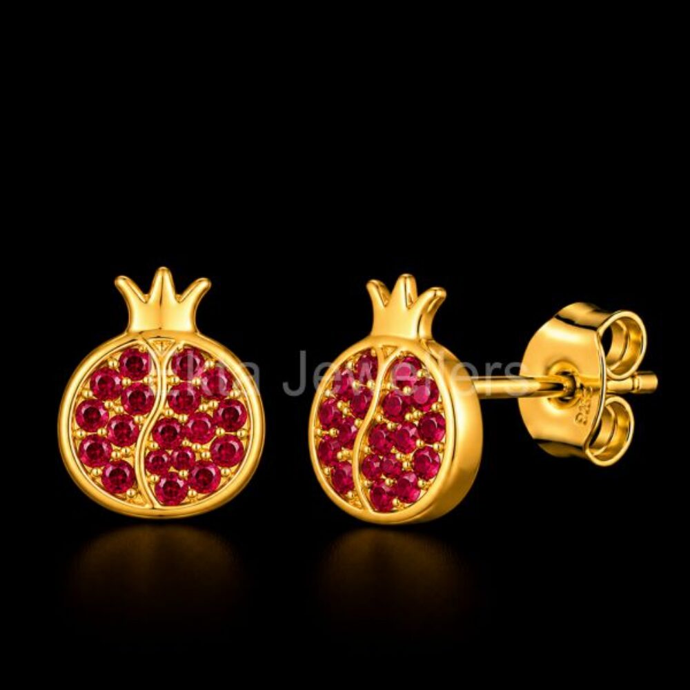 925 Sterling Silver Gold Plated Pomegranate Ruby Stud Earrings