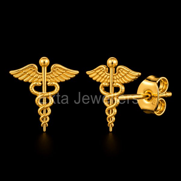 925 Sterling Silver Gold Plated Caduceus Medical Symbol Stud Earrings