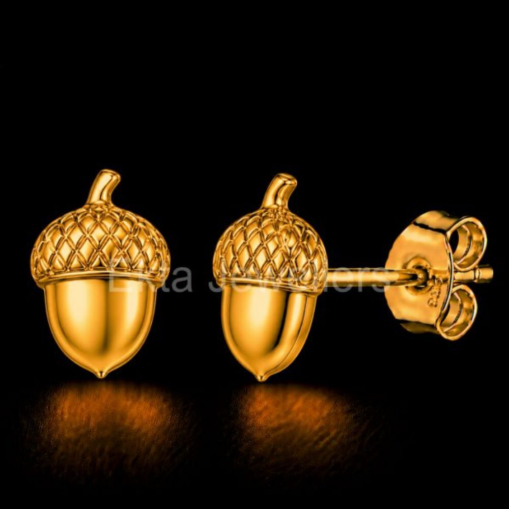 925 Sterling Silver Gold Plated Acorn Nut Stud Earrings