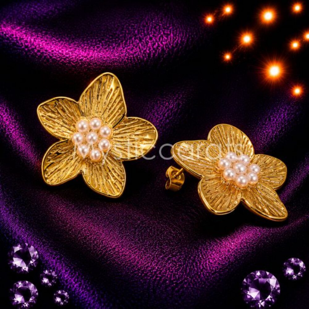 Floral Gold Earrings with Freshwater Pearls
