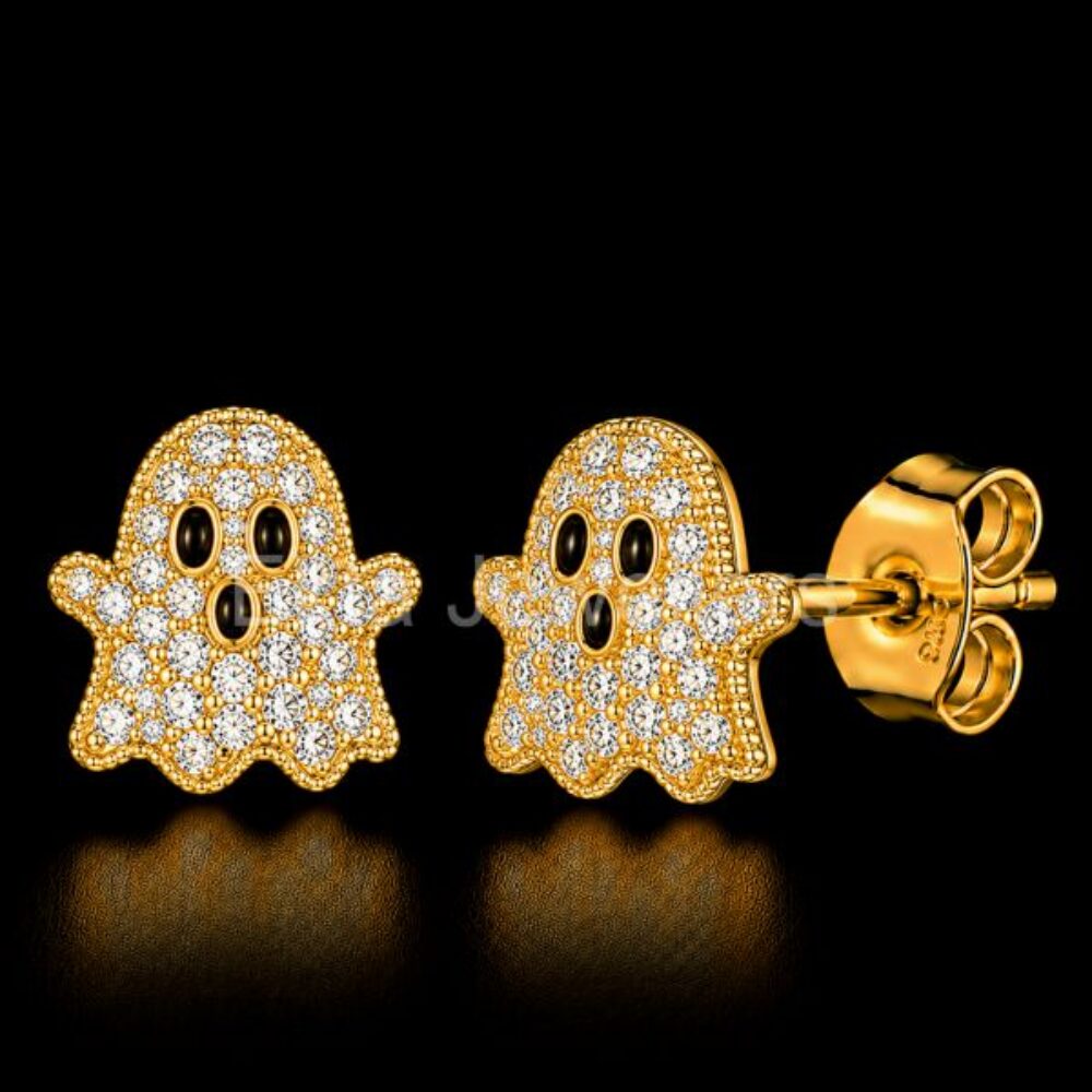 925 Sterling Silver Gold-Plated Pave diamond Ghost Stud Earrings