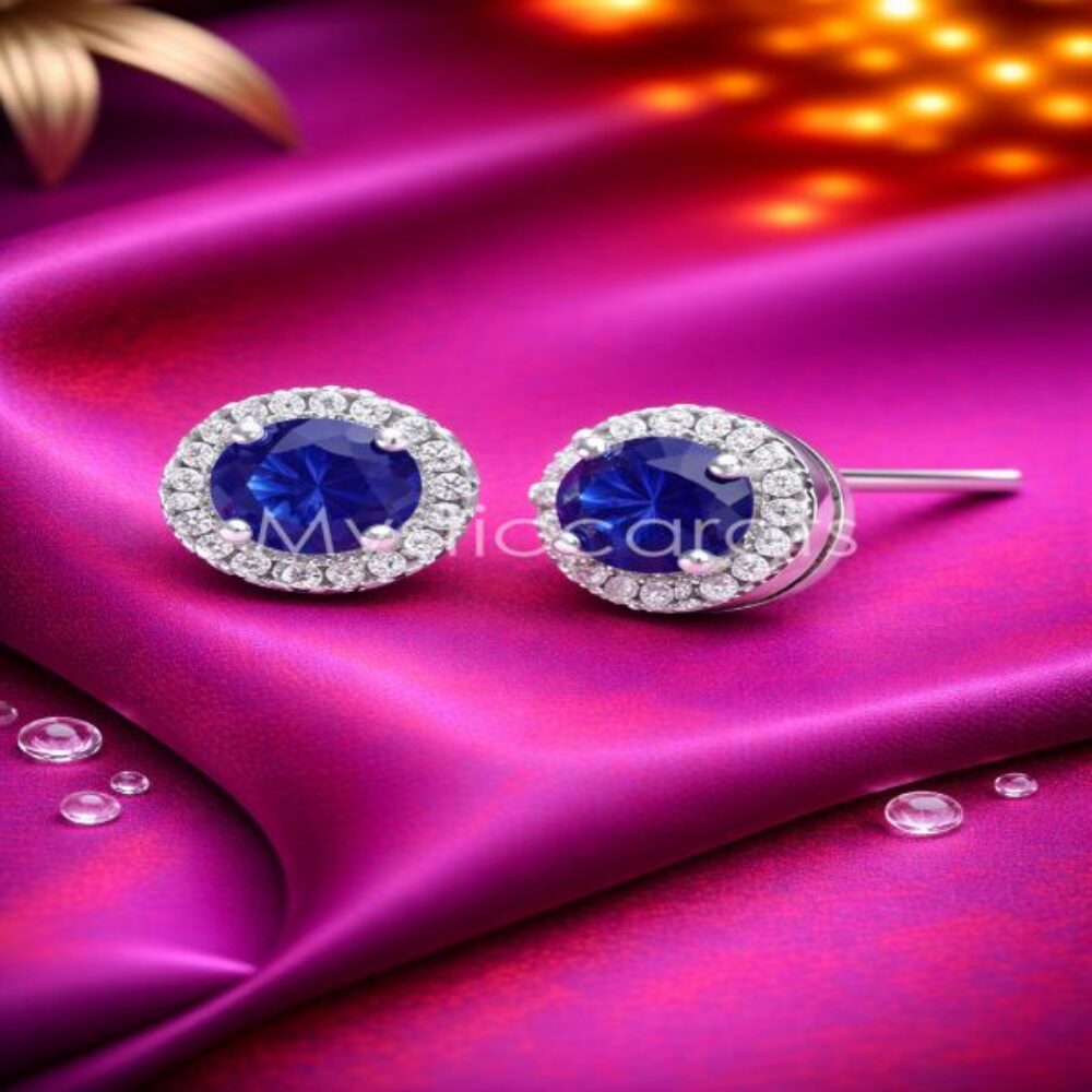 925 Sterling Silver Blue Sapphire Halo Stud Earrings with Sparkly Accents