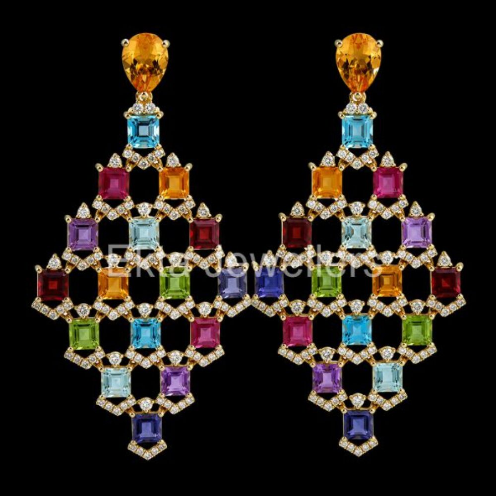 925 Sterling Silver Multi Gemstone Cross Dangle Earrings
