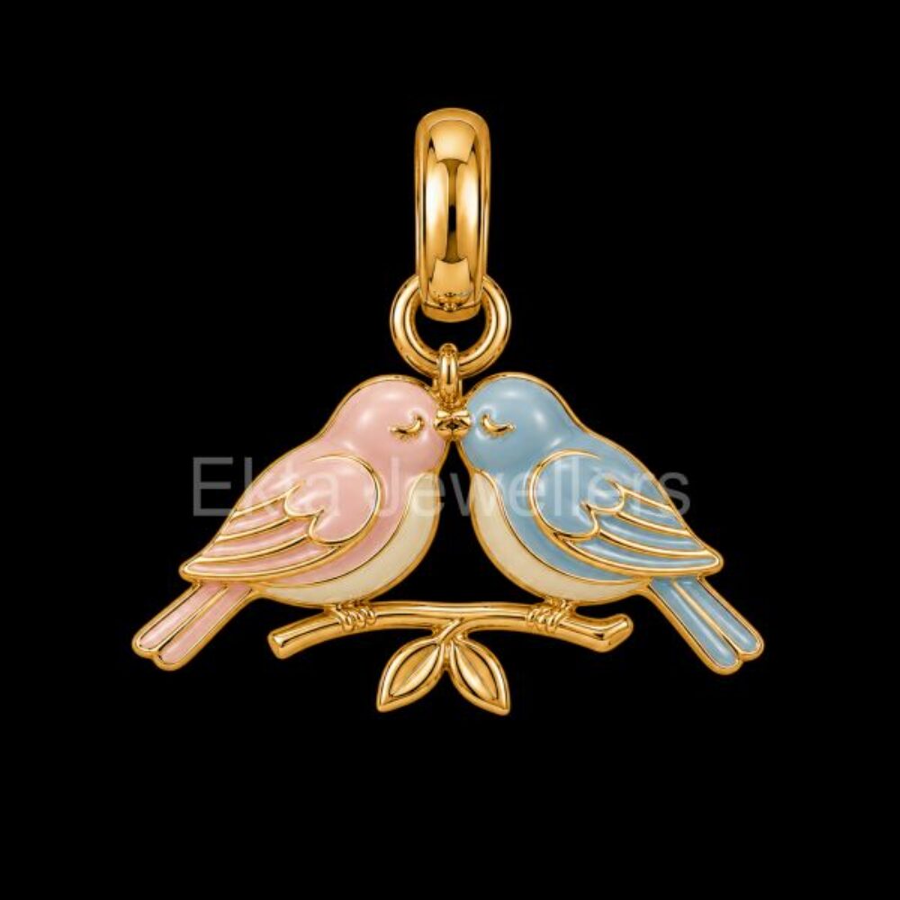 Two Love Birds Enamel 925 Sterling Silver Pendant