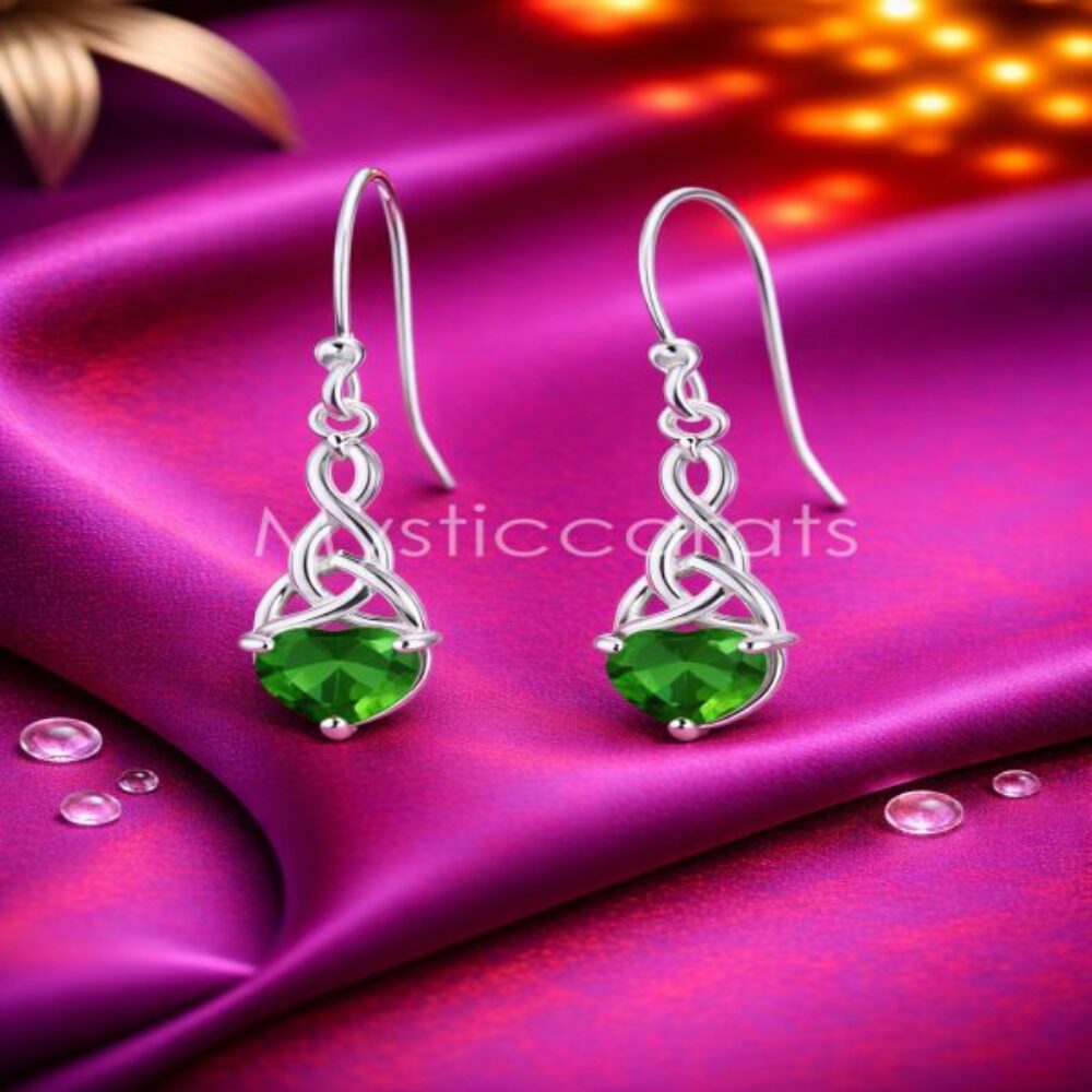 925 Sterling Silver Heart Emerald Celtic Knot Drop Earrings