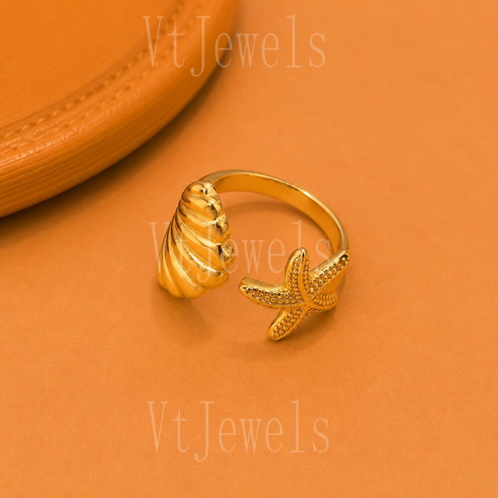 925 Sterling Silver Starfish & Shell Ring