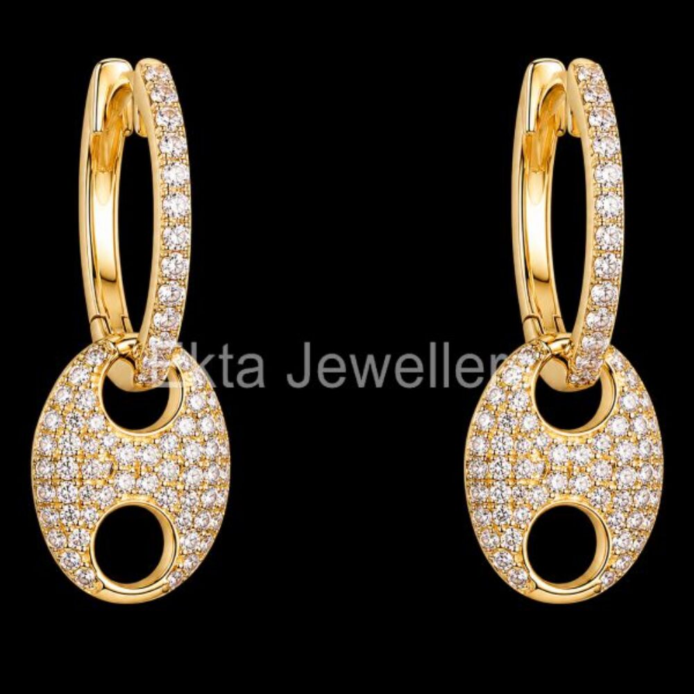 925 Sterling Silver Pavé diamond Oval Drop Hoop Earrings