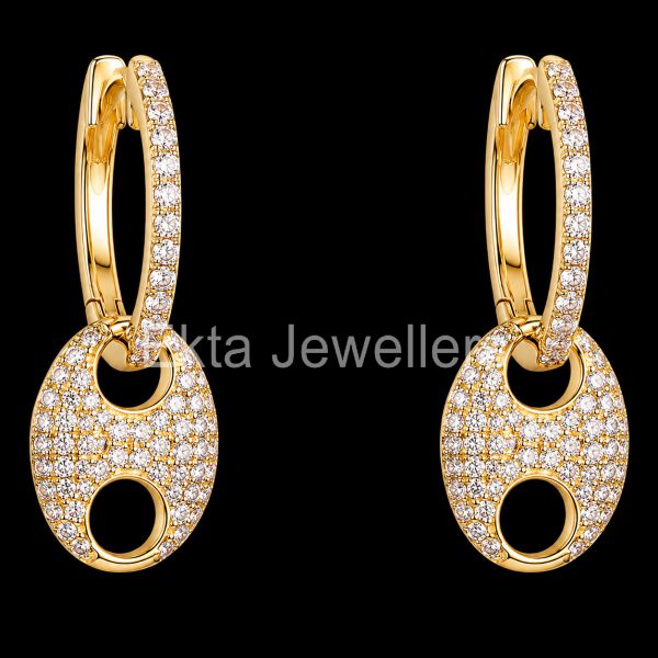 925 Sterling Silver Pavé diamond Oval Drop Hoop Earrings