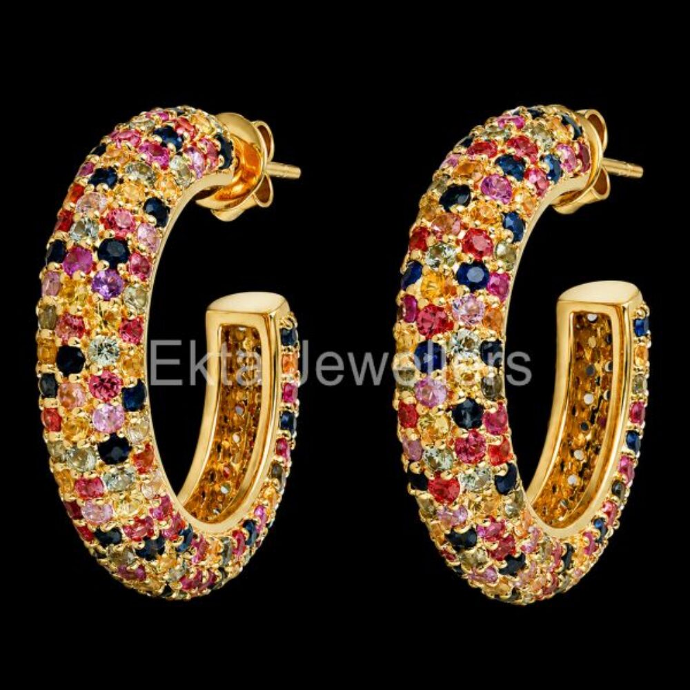 925 Sterling Silver Rainbow Pavé diamond Hoop Earrings