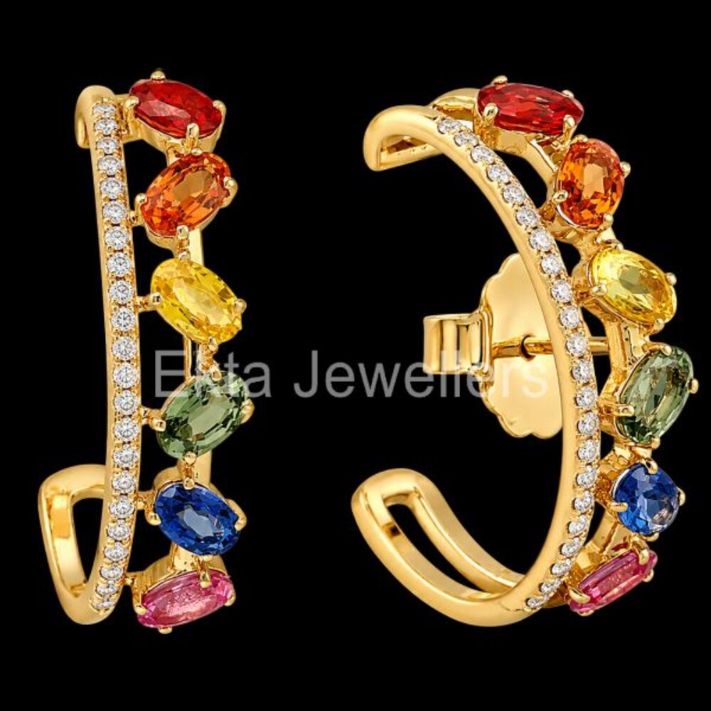 925 Sterling Silver Rainbow Gemstone Ear Cuff Earrings