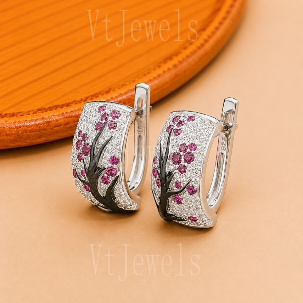 925 Sterling Silver Pink Sapphire & Diamond Hoop Earrings