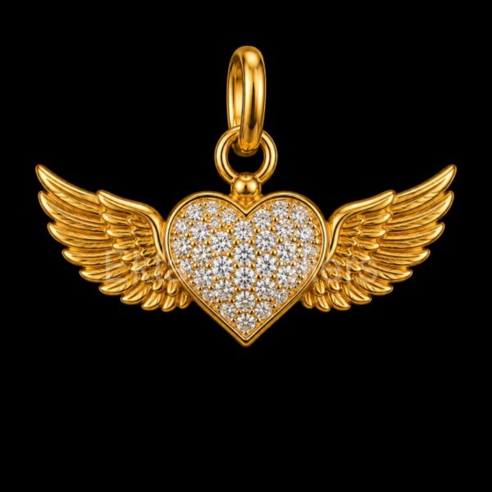 925 Sterling Silver Iced-Out Angel Wing Heart Pendant