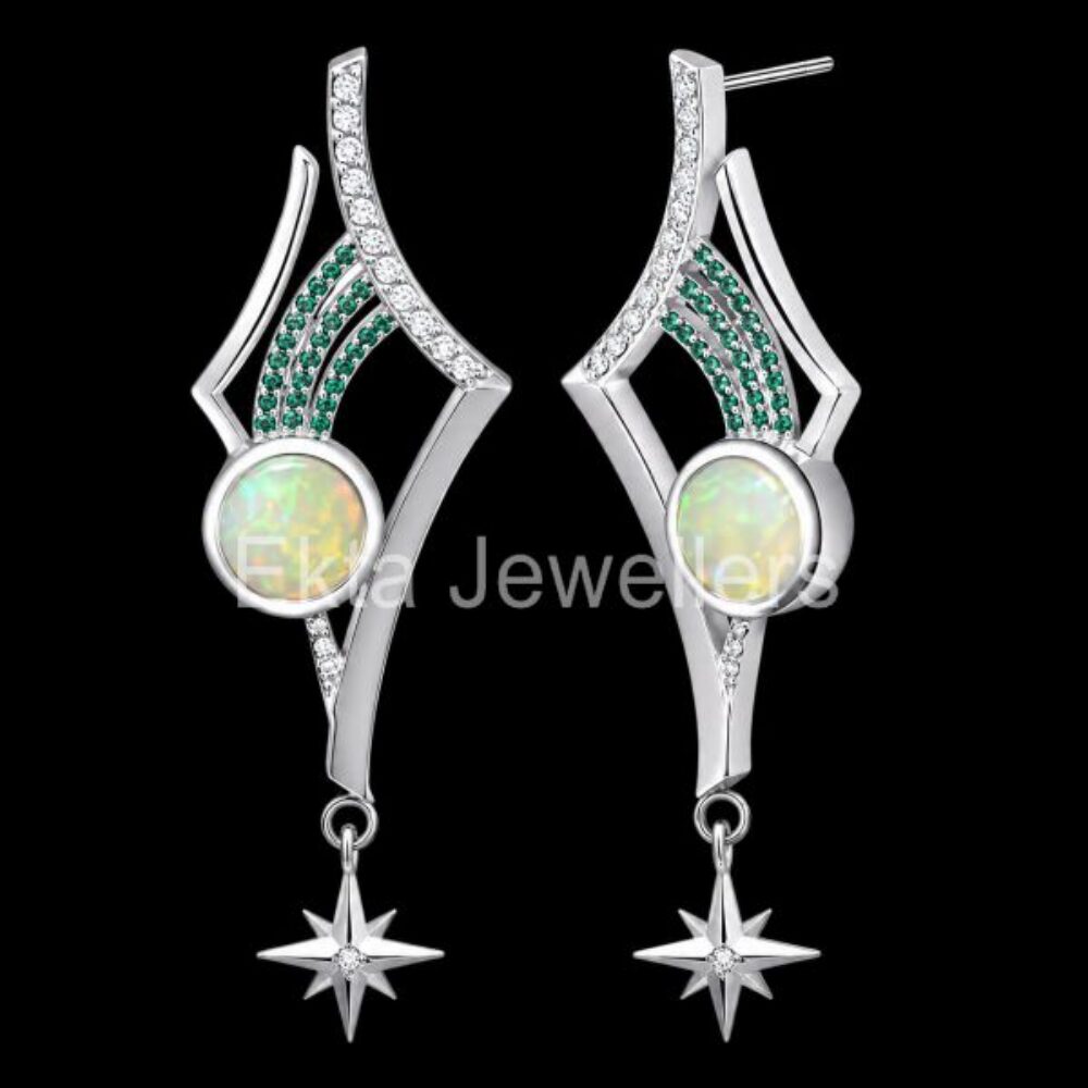 925 Sterling Silver Opal & Emerald North Star Dangle Earrings