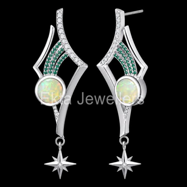 925 Sterling Silver Opal & Emerald North Star Dangle Earrings