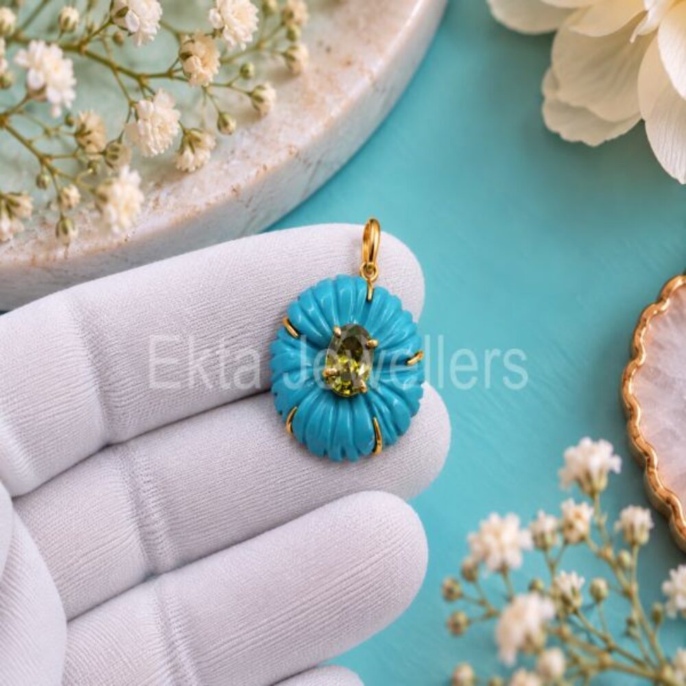 925 Sterling Silver Carved Turquoise Flower Pendant