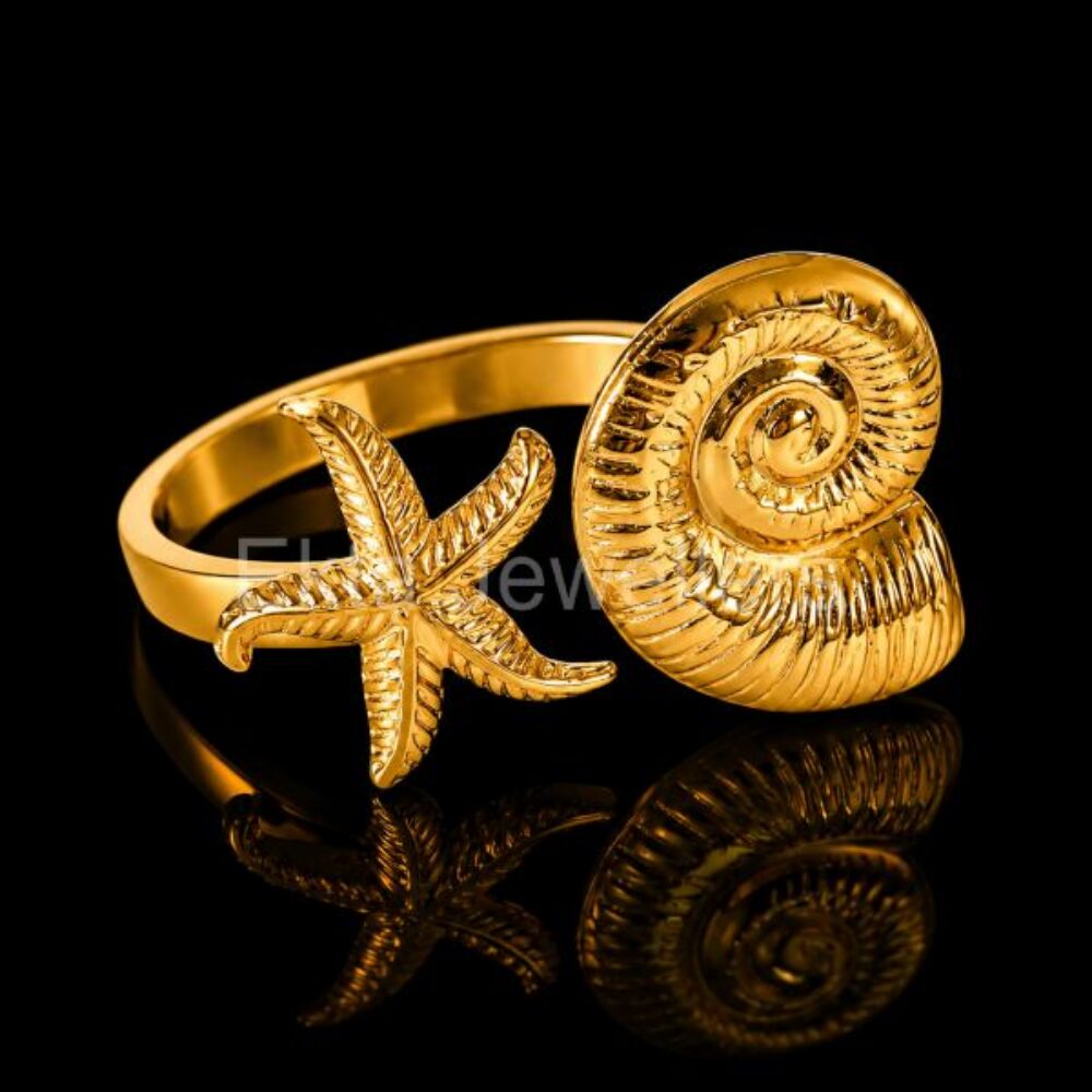 925 Sterling Silver Starfish & Seashell Ring