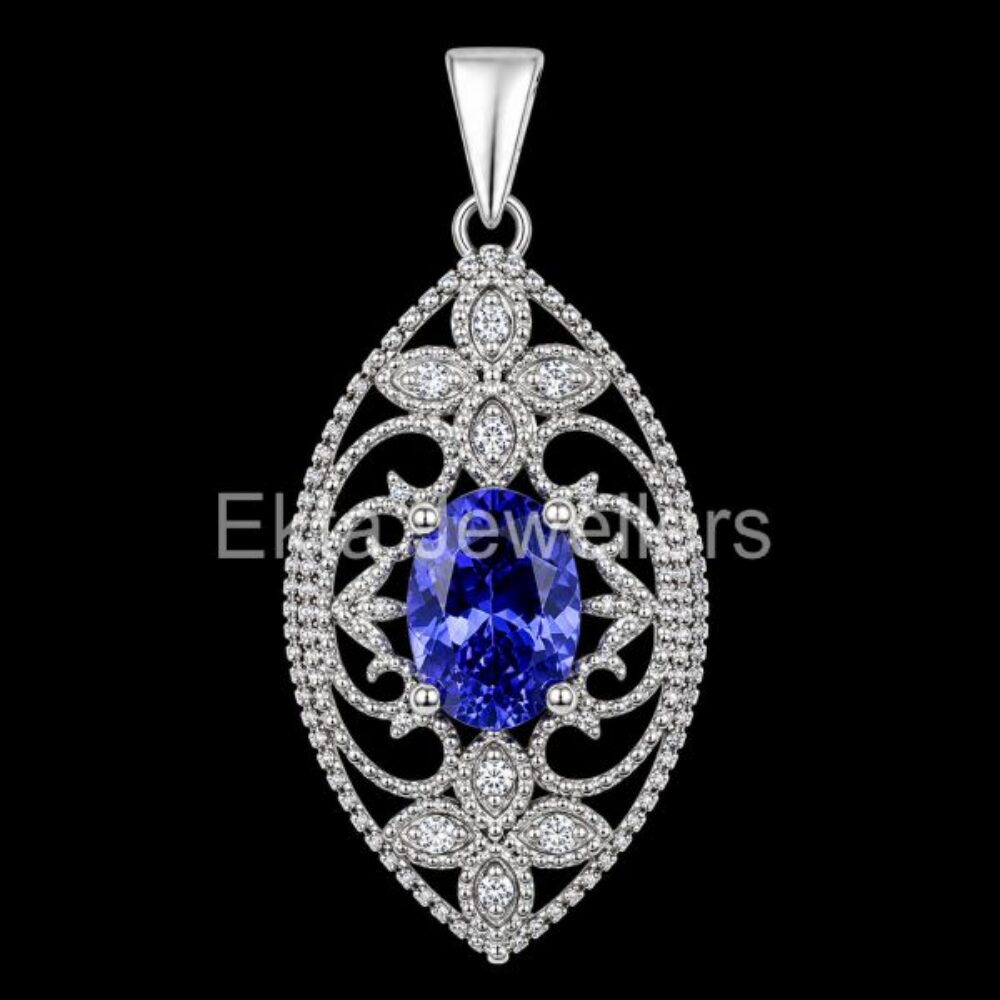 925 Sterling Silver Blue Sapphire Filigree Pendant