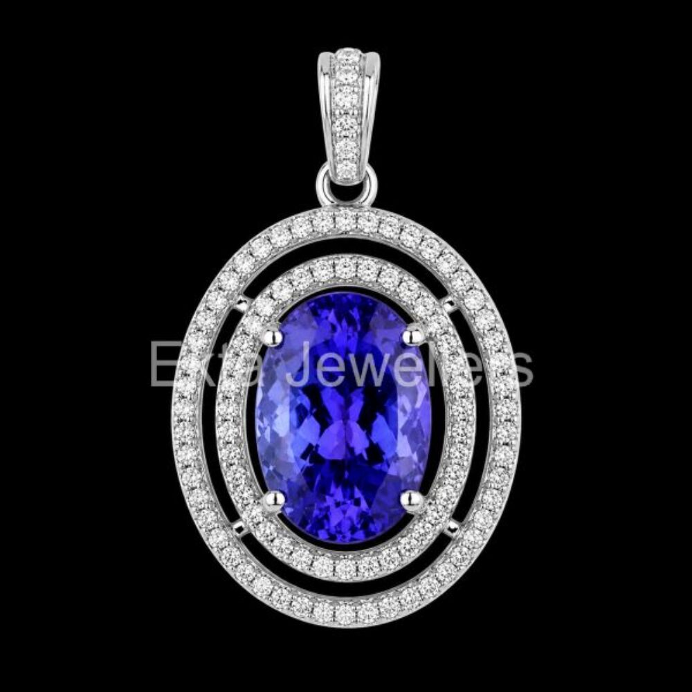 925 Sterling Silver Oval Tanzanite Halo Pendant