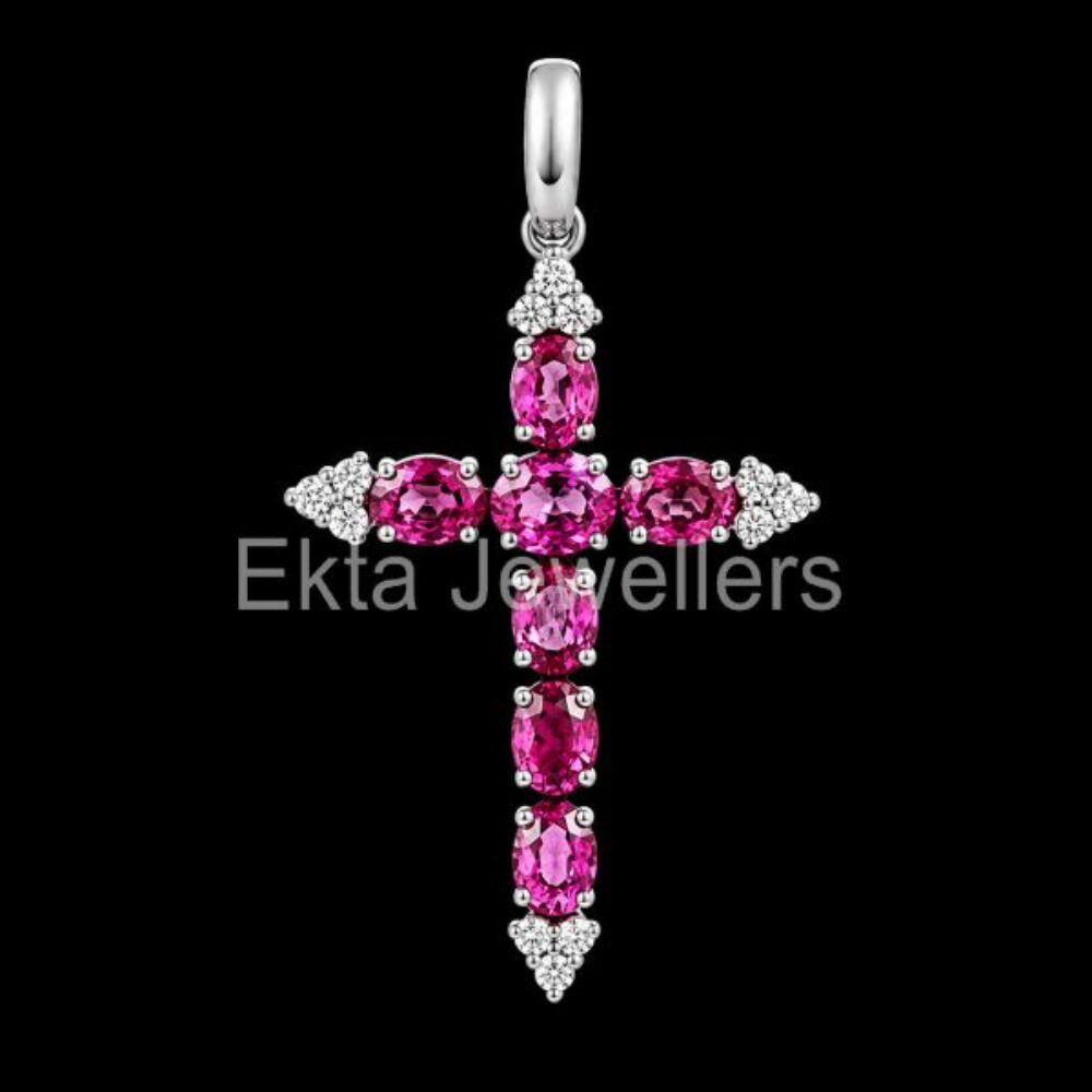 925 Sterling Silver Pink Sapphire Cross Pendant