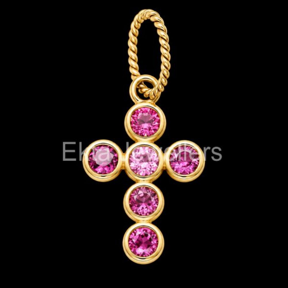 925 Sterling Silver Pink Sapphire Cross Pendant
