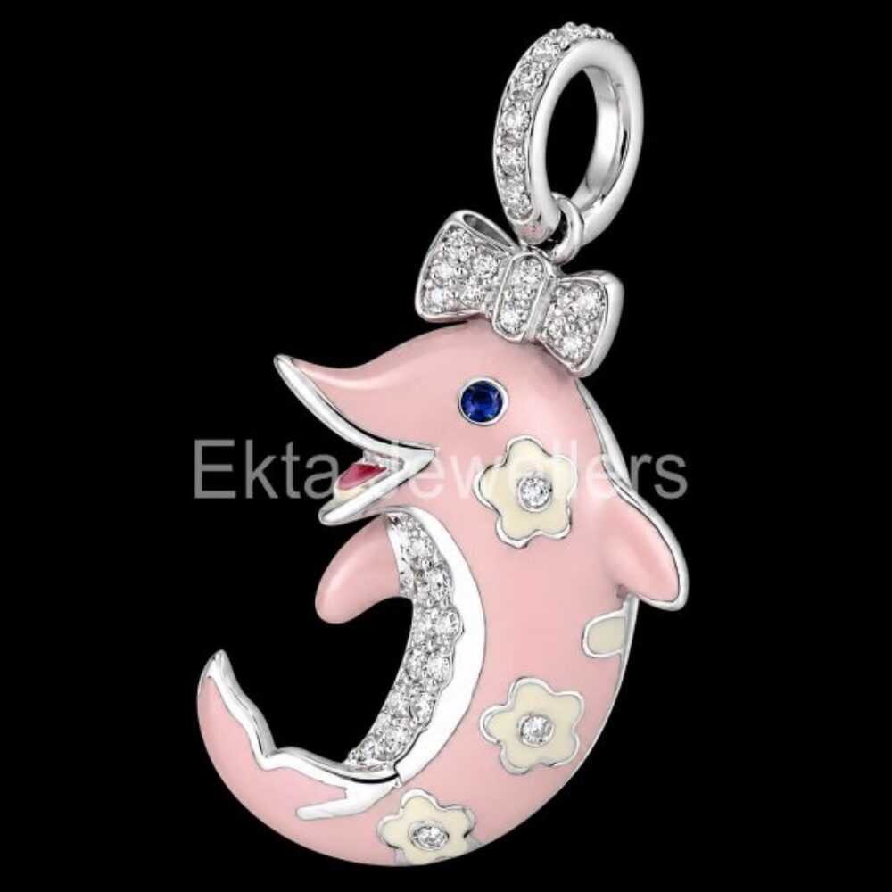 925 Sterling Silver Pink Enamel Dolphin Pendant