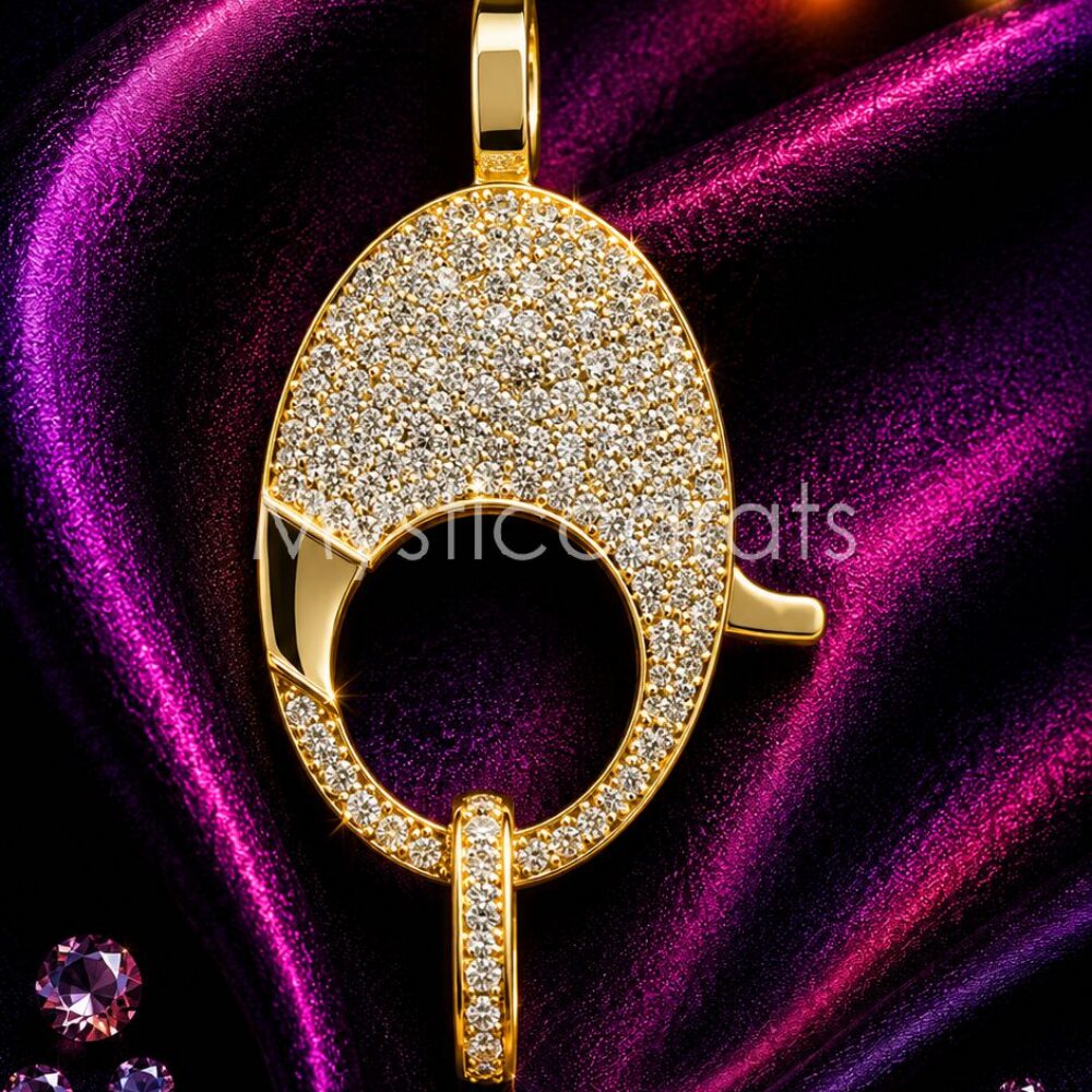 925 Sterling Silver Charm Holder, Gold Pave diamond Shield Push Gate Clasp