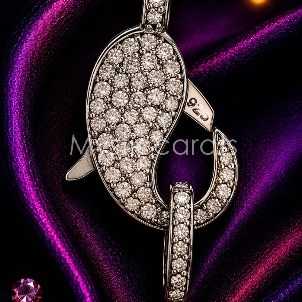 925 Sterling Silver Charm Holder, Oxidized Pavé diamond Dolphin Push Gate Clasp