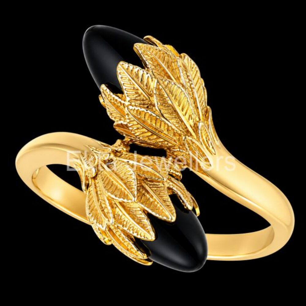 925 Sterling Silver Black Onyx Leaf Ring