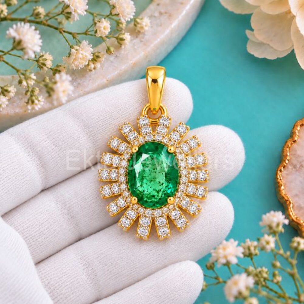 925 Sterling Silver Emerald Sunburst Pendant