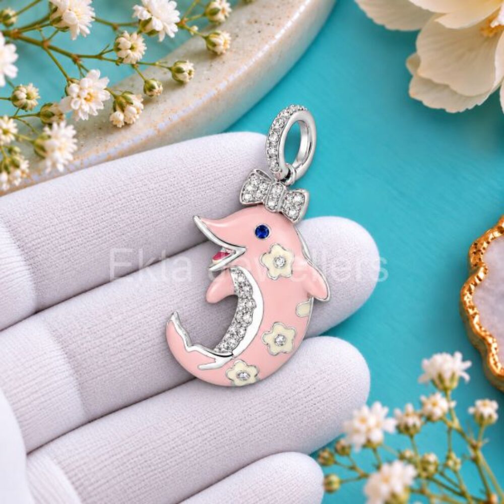 925 Sterling Silver Pink Enamel Dolphin Pendant